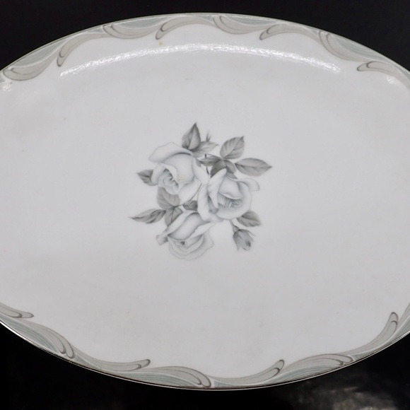 Vtg Japanese Broadway Rose Pattern Fine China Platter Silver Trim Grey on White - Picture 7 of 13